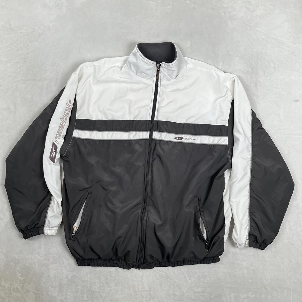 Vintage Reebok Jacket Mens M White Black Colorblock Windbreaker Full Zip Y2K